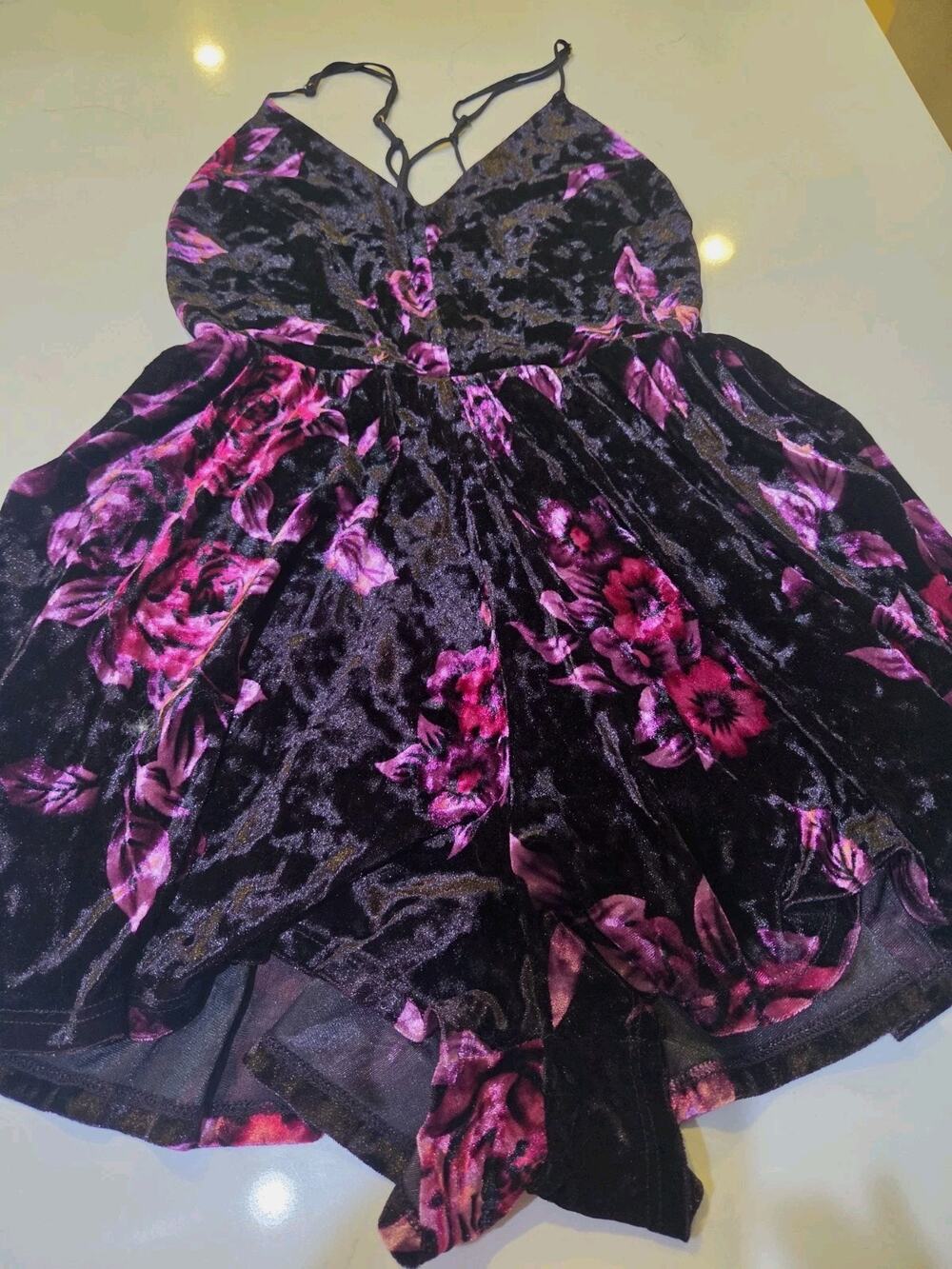 Timing Black/Purple Floral Velvet V-Neck Strappy Boho/Gothic Romper